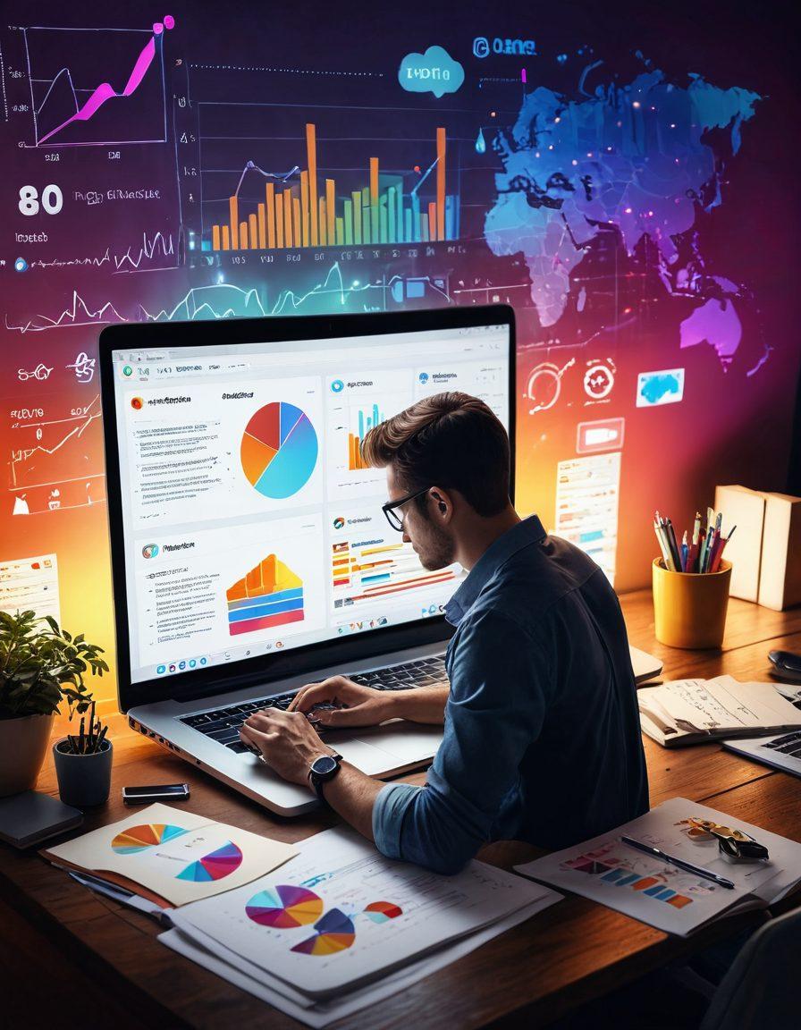 A collage depicting a writer at a laptop, surrounded by vibrant graphs and charts symbolizing growth in online visibility. On one side, a treasure chest with glowing secrets of blogging peeking out, such as a checklist for content submission. Elements of digital marketing like keywords and social media icons float around. Soft, warm lighting creates an inviting atmosphere. super-realistic. vibrant colors. 3D.