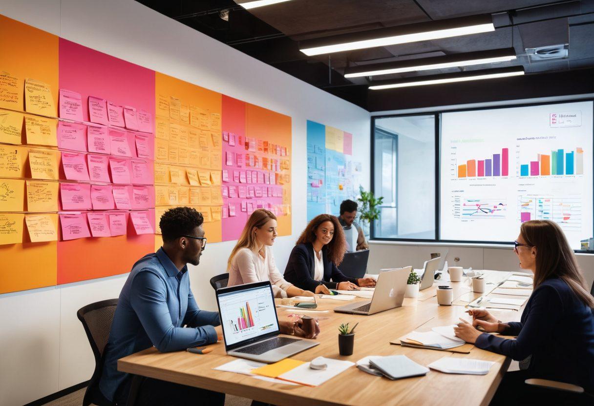 A dynamic workspace scene featuring a diverse group of professionals brainstorming ideas with laptops and notepads, colorful sticky notes on a wall, a digital analytics chart on a screen, and vibrant flowing graphics symbolizing online connectivity and growth. The atmosphere exudes creativity and collaboration. super-realistic. vibrant colors. modern office background.