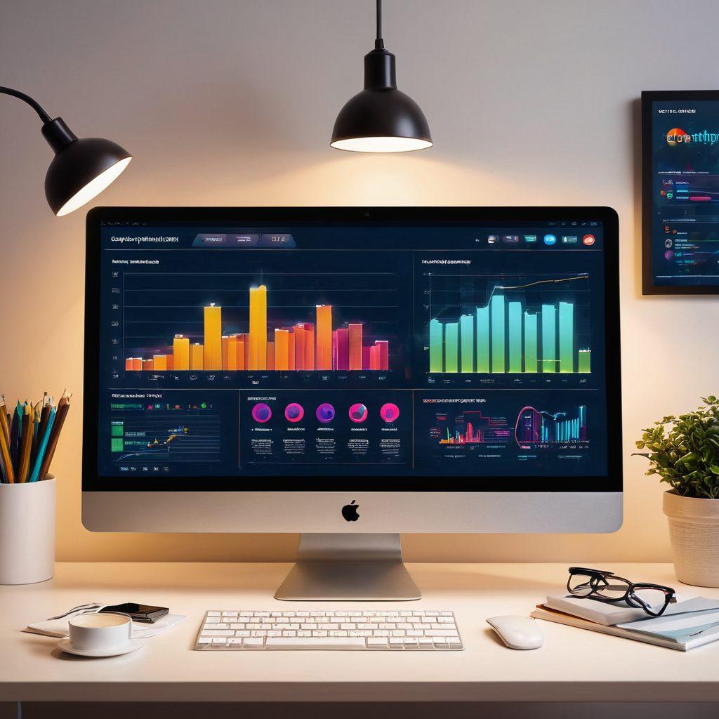A sleek and modern workspace with a computer displaying a website analytics dashboard, surrounded by books on digital marketing and content strategy. A light bulb above symbolizes ideas and creativity, while a coffee cup hints at productivity. A dynamic chart showcasing growth in digital visibility is prominently featured. super-realistic. vibrant colors. bright background.